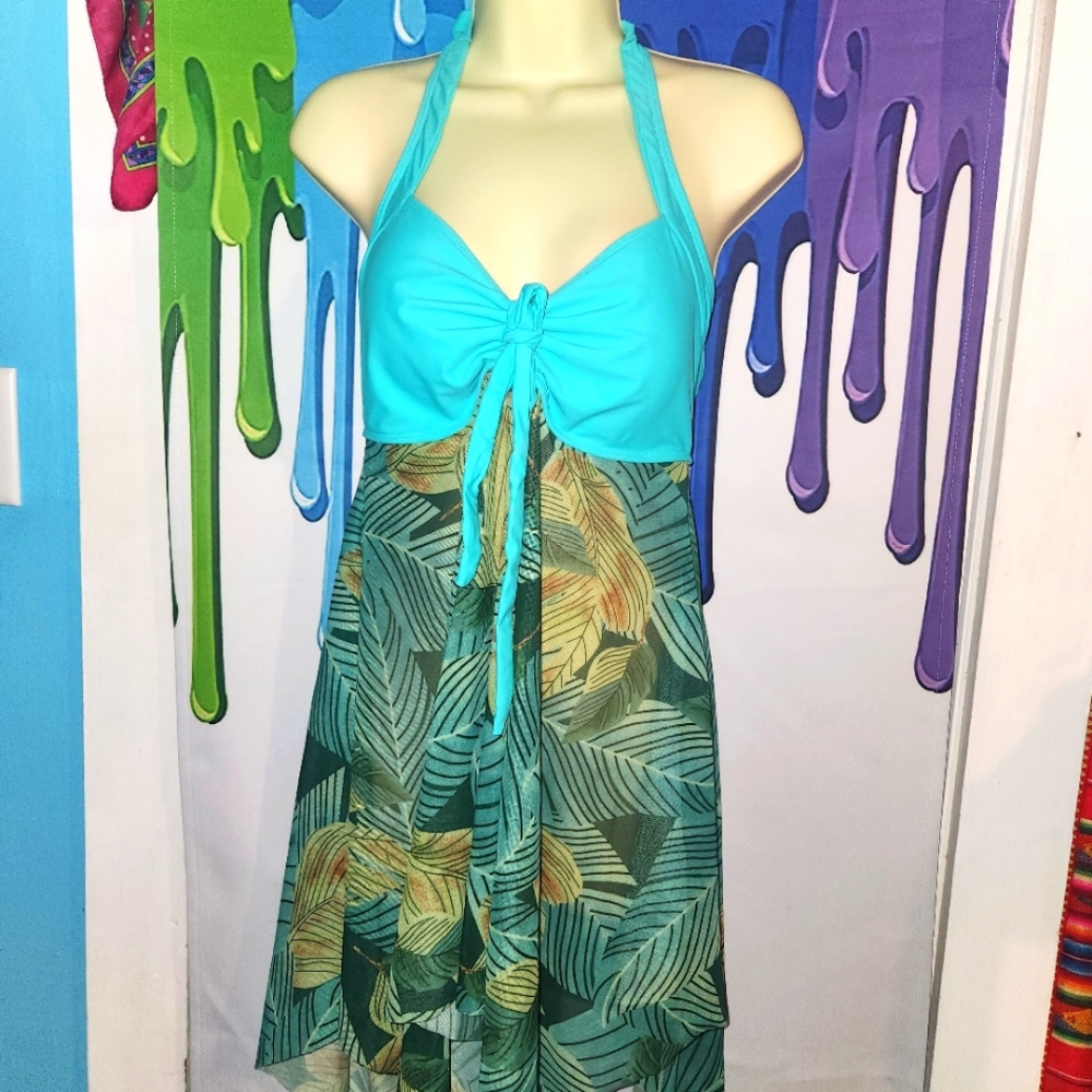 Large, Summer Mae Inc. Tropical Halter Dress Cover, Sheer Bottom